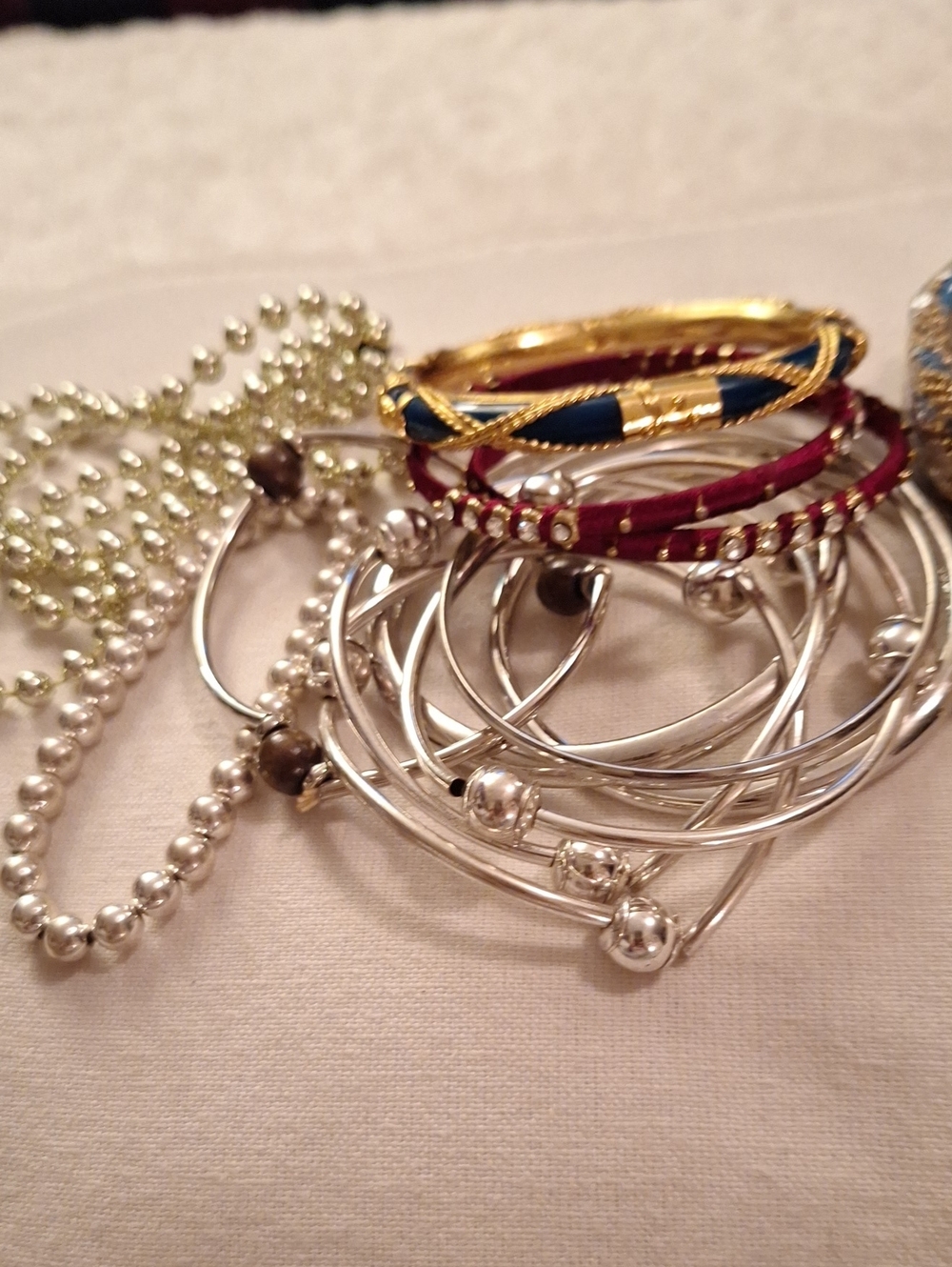Mixed Women’s Bangle and Bracelet Set in Gold, Silver, Pearl Tones
